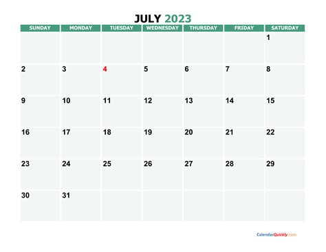 July 2023 Printable Calendar Calendar Quickly