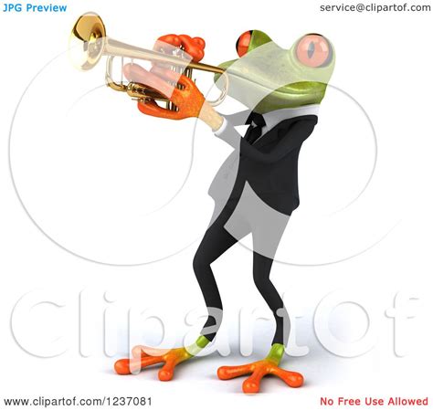 Clipart Of A 3d Business Springer Frog Playing A Trumpet Royalty Free