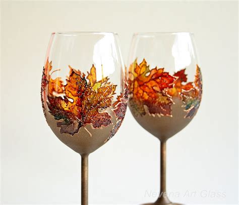 Wine Glasses Hand Painted Autumn Maple Leaves Fall Wedding