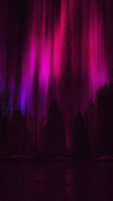 Aurora Night Sky Dark Red Nature Art Android Wallpaper