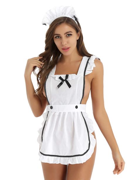 buy acsuss womens french maid cosplay costume lingerie set apron with hair hoop and g string