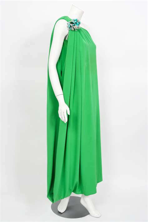 Vintage 1974 Pierre Cardin Haute Couture Green Silk One Shoulder