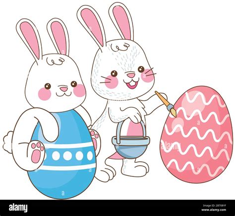 Cute Little Rabbits With Eggs Painted Easter Characters Stock Vector