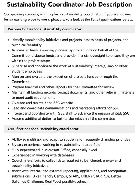 Sustainability Coordinator Job Description Velvet Jobs