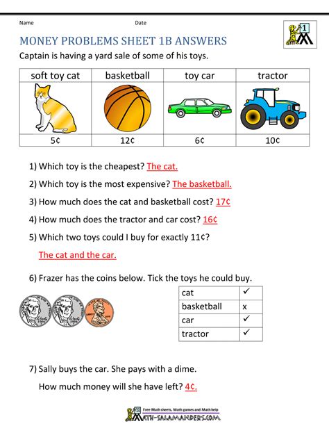 This page features a collection of free printable worksheets for 1st grade which kids can use to practice varied math skills.in each maths worksheet for class 1, we cover a topic with varied questions that reinforce understanding of the skill in question.given that these are free printable 1st grade math worksheets, teachers and parents can use them to create a combined ebook for subsequent. Money Worksheets for First Grade