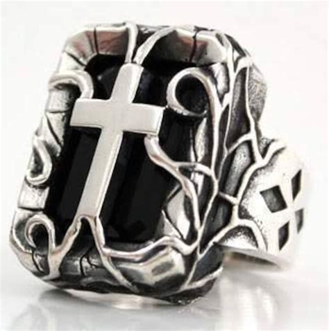 Black Stone Gothic Ring Gothic Cross Ring Sterling Silver Etsy