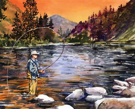 Fly Fishing At Sunset Mountain Lake Painting By Beth Kantor Fine Art