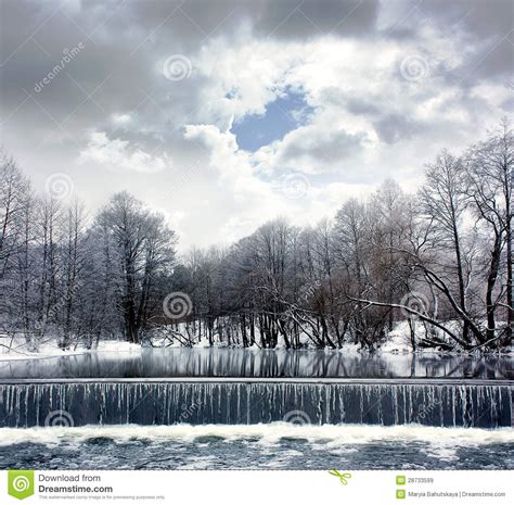 Winter Landscape With River Waterfall And Clouds Stock Image Image