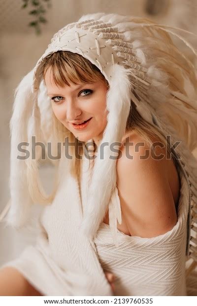 Attractive Blonde Woman Wrapped Blanket Indian Stock Photo 2139760535