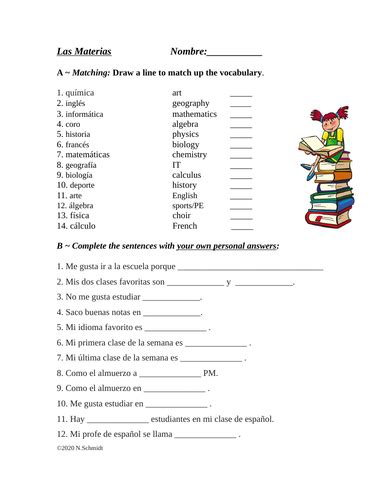 Spanish School Subjects Vocabulary Worksheet Materias Asignaturas 1