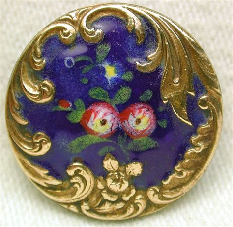 Antique French Enamel Button Cobalt W Hand Painted Floral Design Paris