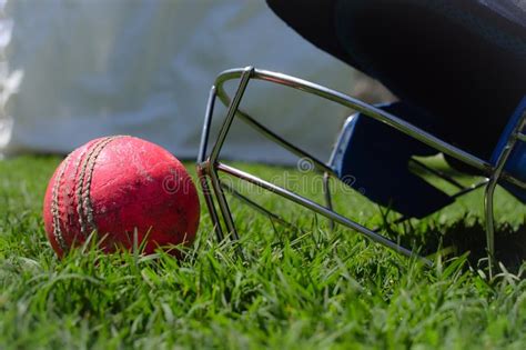 Helmet And Cricket Ball On A Green Grass Macro Shot Of Cricket