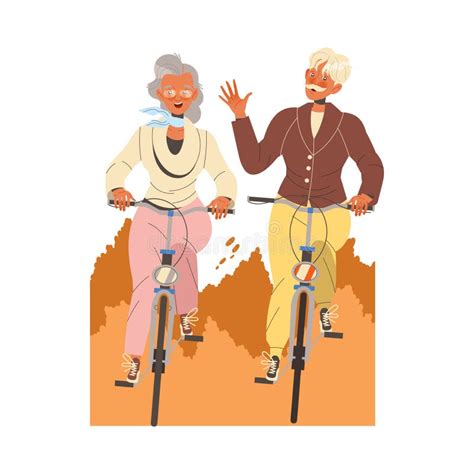 Man And Woman Pensioner Character Riding Bicycle In The Park Engaged In Hobby Activity On