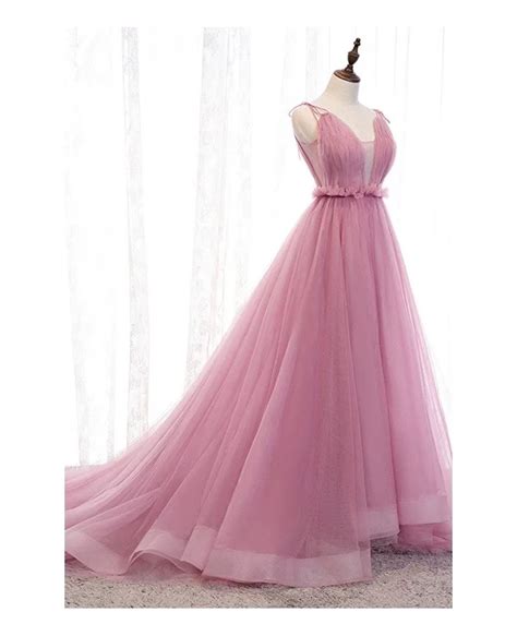 Stunning Vneck Ballgown Rose Pink Tulle Prom Dress With Open Back Myx79025