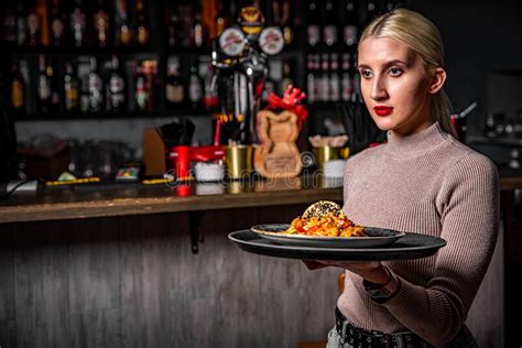 Waiter Woman Carrying Plates With Food Dish In Cafe Stock Image Image