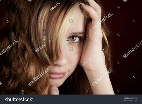 Portrait Of Pretty Teen Girl With Green Eyes Stock Photo
