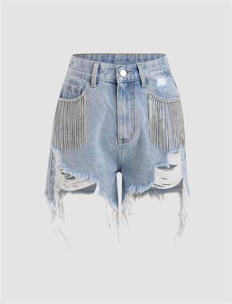 Diamond Tassels Ripped Denim Shorts Cider