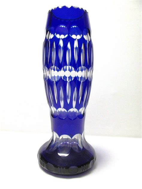 Czech Bohemian Art Deco Cobalt Blue Cut To Clear Crystal Vase By Julius Muhlhaus And Co Haida