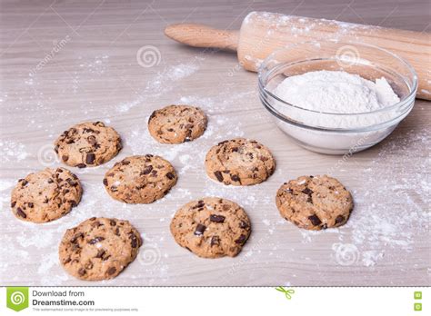Fresh Baked Chocolate Chip Cookies On Wooden Table Stock Image Image