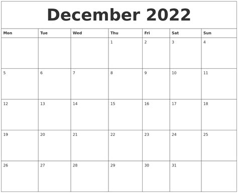 December 2022 Calendar Month
