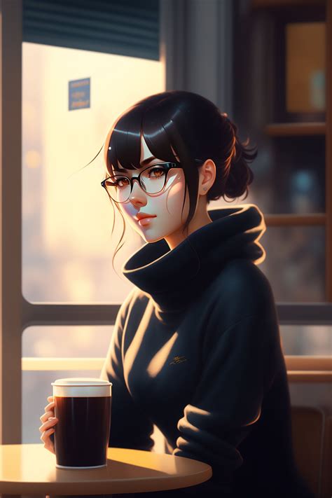 Lexica Cute Girl In Sweater Black Hair Black Wayfarer Glasses Sitting Inside Cafe Drinking