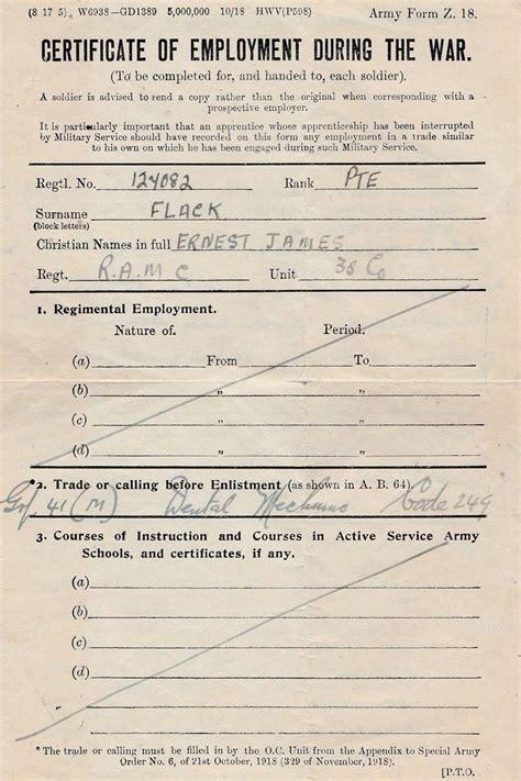 Certificate Of Employment During The War Army Form Z 18