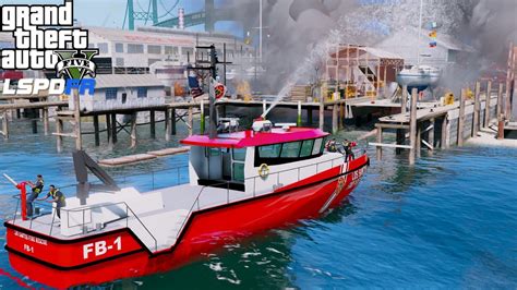Gta 5 Firefighter Mod Fire Boat Fighting A Massive Fire At The Dockyard