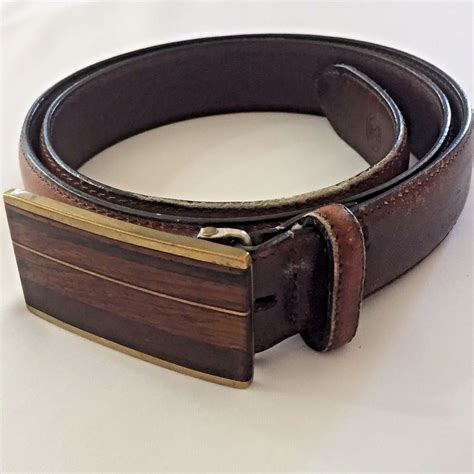 36 Kenneth Reid Inlaid Wood Buckle Belt Brown Full Grain Leather
