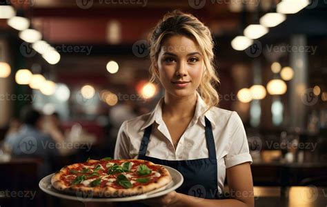 Smiling Waitress Hold In Hands Plate With Appetizing Pizza In Cafe Or