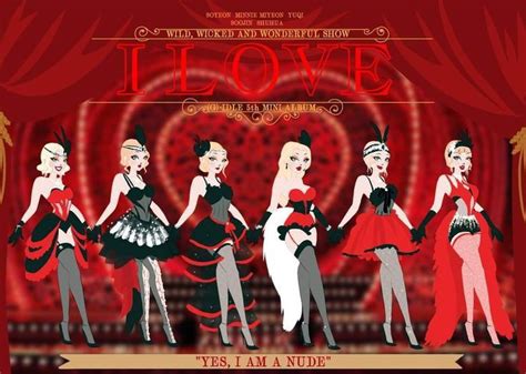 Four Women In Red And Black Dresses On Stage With The Words I Love