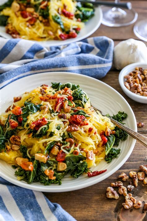 Roasted Garlic And Kale Spaghetti Squash With Sun Dried Tomatoes The