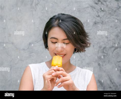 Woman Eating Popsicles Happy Beautiful Asian Woman Short Hair Wearing
