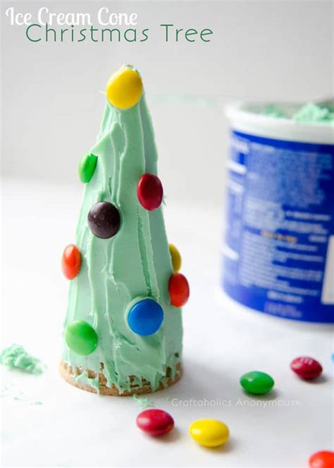 Simply melt chocolate in the microwave, dip and decorate with colored sprinkles or crushed nuts. ICE CREAM CONE CHRISTMAS TREE