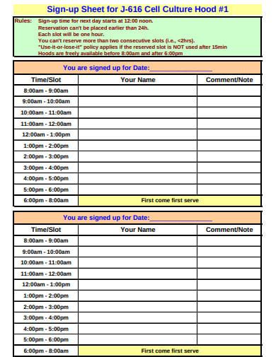 Sign Up Sheet With Time Slots Template