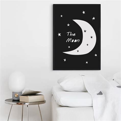 Black And White Moon And Stars Canvas Painting Art Print Poster Picture