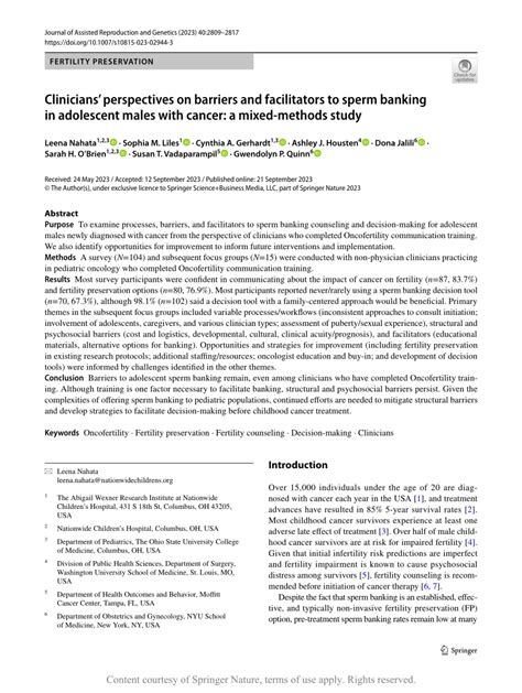 Clinicians Perspectives On Barriers And Facilitators To Sperm Banking