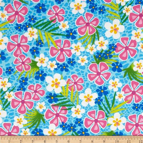 Hawaiian Print Fabric Beach Party Floral Turquoise Sold By
