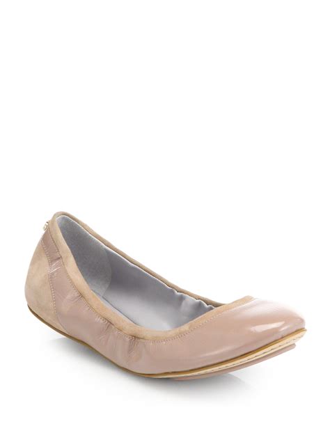 lyst cole haan avery suede and patent leather ballet flats in natural