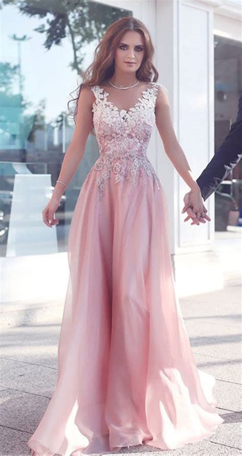 Appliques Pink Sleeveless A Line Floor Length Evening Gowns Prom Dress