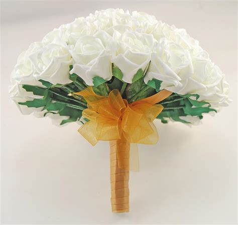 Brides Large Ivory Foam Rose Wedding Bouquet With Gold Handle Budget