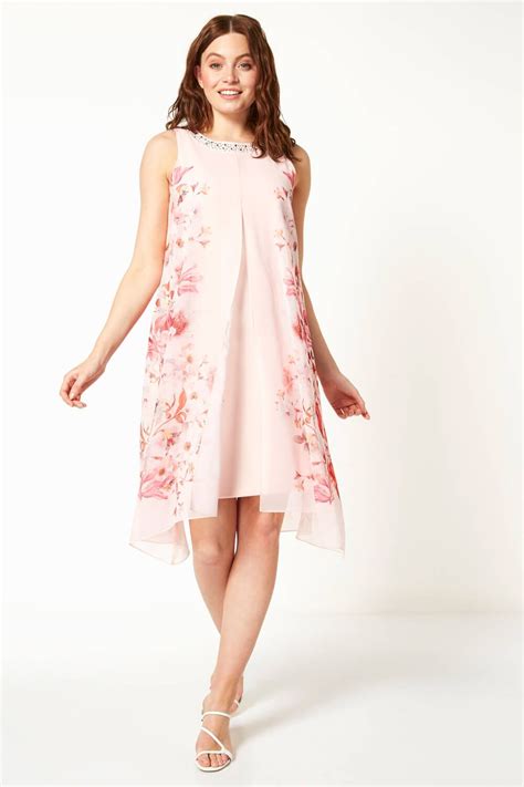Floral Chiffon Layer Embellished Shift Dress In Light Pink Roman