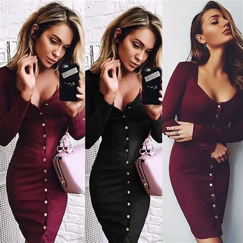 2017 Fation Bodycon Sheath Dress Long Sleeve Party Dresses Women Clothing Back Full Button Robe