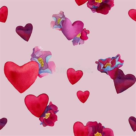watercolor hearts in seamless pattern in shades of pink red purple and