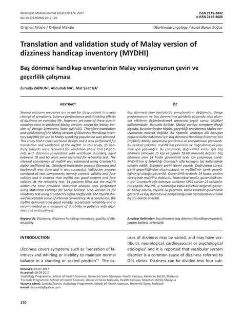 Pdf Translation And Validation Study Of Malay Version Of Dizziness