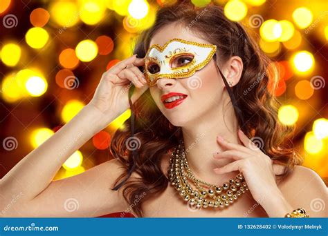 Beauty Model Woman Wearing Venetian Masquerade Carnival Mask At Party