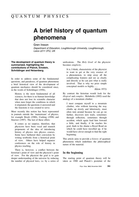 Pdf Quantum Physics A Brief History Of Quantum Phenomena