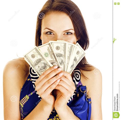 Pretty Young Brunette Real Modern Woman With Money Cash Isolated On