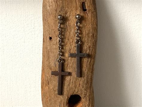 Asymmetric Cross Earrings Long Dangle Mismatched Gunmetal Earrings