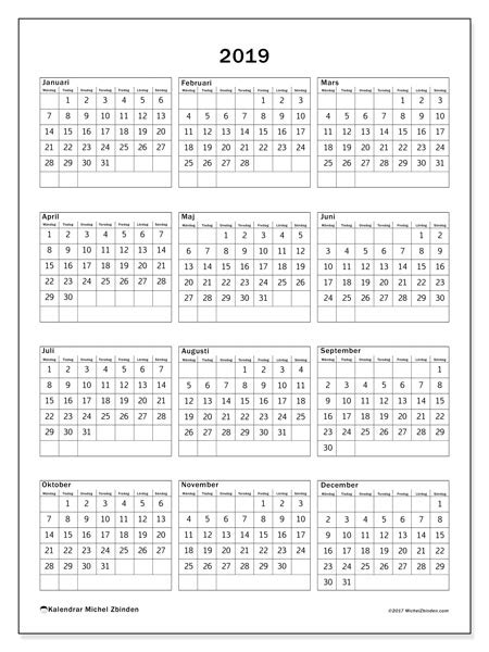 Kalender pdf, gratis enkel utskrift. Kalender 2019 (36MS) - Michel Zbinden SV