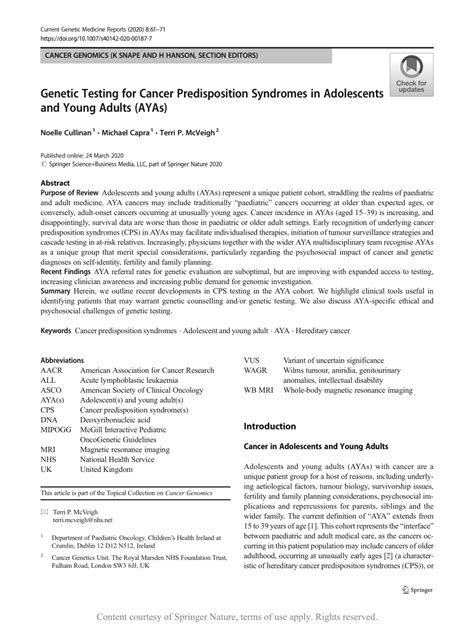 Cancer Genomics K Snape And H Hanson Section Editors Genetic Testing